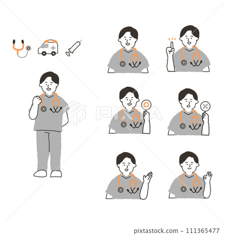 Facial expression variations of a doctor (male) wearing a scrub 111365477