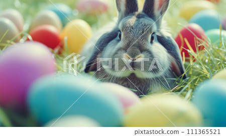 復活節慶祝活動。一隻毛茸茸的可愛兔子，周圍環繞著帶有節日圖案的彩色雞蛋。 111365521