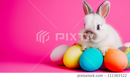 復活節慶祝活動。一隻毛茸茸的可愛兔子,周圍環繞著帶有節日圖案的彩色雞蛋。 復活節慶祝活動。一隻毛茸茸的可愛兔子,周圍環繞著帶有節日圖案的彩色雞蛋。 111365522