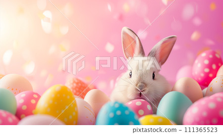復活節慶祝活動。一隻毛茸茸的可愛兔子,周圍環繞著帶有節日圖案的彩色雞蛋。 復活節慶祝活動。一隻毛茸茸的可愛兔子,周圍環繞著帶有節日圖案的彩色雞蛋。 111365523