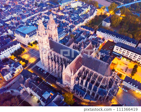 View from drone of Tours Cathedral in twilight View from drone of Tours Cathedral in twilight 111366419