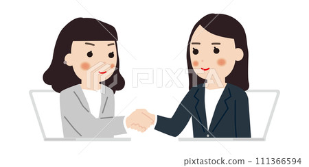 Business person shaking hands with a business partner online Business person shaking hands with a business partner online 111366594