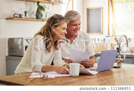 Retirement, investment and couple on laptop and paperwork for online, digital banking application planning pension. Elderly people doing asset management, check contract information, finance or will Retirement, investment and couple on laptop and paperwork for online, digital banking application planning pension. Elderly people doing asset management, check contract information, finance or will 111366851
