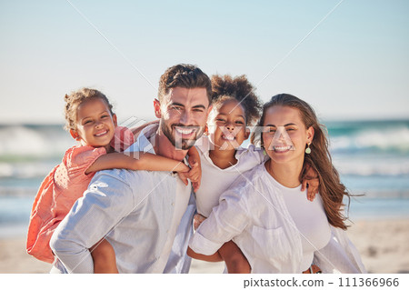 Happy family, beach portrait and smile on vacation, holiday or summer trip in Brazil. Relax, travel and caring mom, dad and girls walking with piggy back and bonding on ocean, sea and sandy shore. 111366966