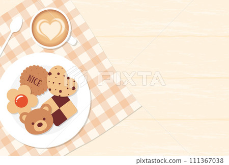 Background illustration of various cookies, cafe latte and tablecloth placed on a wooden table 111367038
