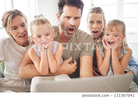 Family wow, streaming movie and kids with surprise at online email, shock at horror film on subscription service and notification on web on laptop. Parents and grandmother scared of news on tech Family wow, streaming movie and kids with surprise at online email, shock at horror film on subscription service and notification on web on laptop. Parents and grandmother scared of news on tech 111367041