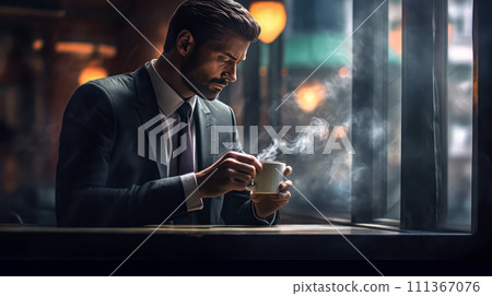 AI-generated content. A businessman in a cafe, deep in thought, drinks coffee and looks into the distance. 111367076