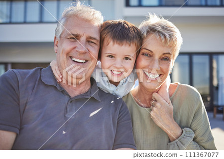 Portrait happy child and grandparents together outdoor with smile, love and bonding with as a family. Senior man and woman having fun, happiness and joy with cute boy or kid on a weekend in backyard 111367077