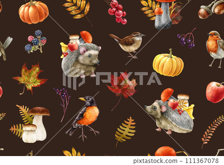 Autumn season decor seamless pattern. Watercolor painted illustration. Forest natural elements, mushrooms, berries, fallen leaves, birds, hedgehogs seamless pattern. Autumn cozy warm colors decor 111367078