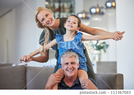Happy senior grandfather on couch in home together on sofa with adult daughter and grandchild in retirement and love. Portrait of woman play and smile with kid, father and girl relax in living room 111367083