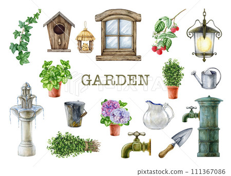 Vintage style garden element watercolor painted set. Hand drawn countryside garden elements. Fountain, flowers, plants, raspberry illustration collection. White background 111367086