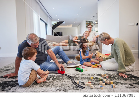 Family care, children love and grandparents happy with toys in living room with kids, smile train game and teddy bear in house. Mother and father relax on couch with elderly people and sibling games Family care, children love and grandparents happy with toys in living room with kids, smile train game and teddy bear in house. Mother and father relax on couch with elderly people and sibling games 111367095