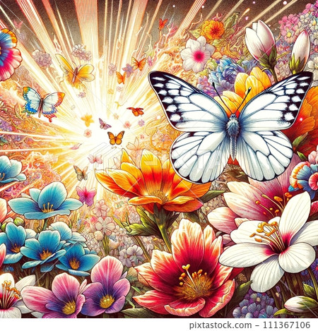 白菜蝴蝶在春天的花朵中翩翩起舞，充滿動感和活力。 111367106