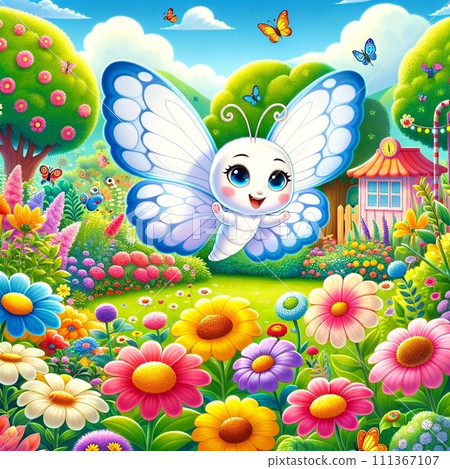 白菜蝴蝶在色彩繽紛的花朵中快樂地飛翔 111367107