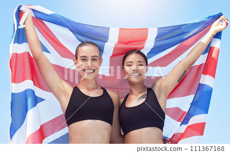 Sports, winner and english flag portrait with women athlete champion team success together. Pride, happiness and excited united kingdom olympic competition people celebration with smile. Sports, winner and english flag portrait with women athlete champion team success together. Pride, happiness and excited united kingdom olympic competition people celebration with smile. 111367168