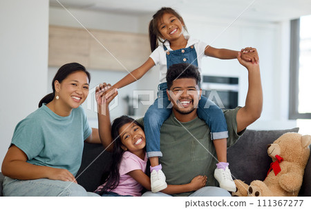 Relax, portrait and happy family in New Zealand love to enjoy the weekend, quality time and having fun together. Happiness, children and sisters smiling with a proud mom and playful father at home 111367277