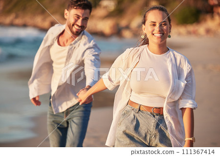 Happy couple, beach and travel while holding hands, laughing and having fun on Portugal summer vacation or holiday traveling to seaside. Smile of man and woman on honeymoon sharing love and adventure 111367414