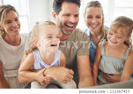 Happy, family and watching tv with kids together in home and watching or streaming a comedy movie. Father, mother and parents who love entertainment technology relax, laugh and have fun in a house. 111367457