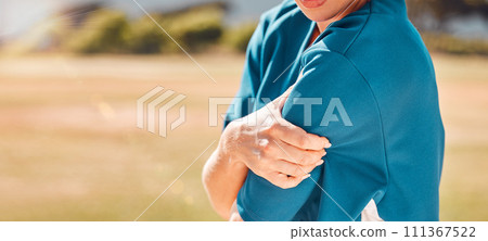 Sports field, athlete arm injury and muscle pain from accident, training mistake and workout emergency. Closeup baseball woman need first aid, medical help and shoulder care with body problem outdoor 111367522