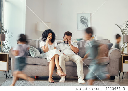 Stress, couple and family with adhd children running fast in house living room or home interior. Man, woman and parents with burnout, depression and anxiety from autism, energy and mental health kids 111367543