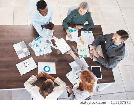 Business meeting, planning and marketing with employee and top view of documents for strategy, teamwork and collaboration. Vision, conference and support with business people at desk in office 111367573