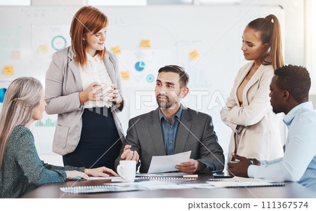 Business man leadership talking to marketing office team meeting, strategy planning and expert collaboration. Manager and diversity group of people in seminar discussion, agency and working in focus 111367574