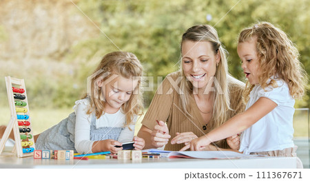 Kindergarten math and mother helping children with home work, test or numbers on outdoor table for education, development or mind growth. Girl kids learning together with mom, notebook and calculator 111367671