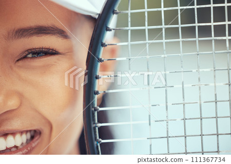 Tennis, racket and woman face of athlete from Japan with a smile ready for exercise and training. Sport workout, motivation and happy Asian player about to start sports, cardio and fitness game Tennis, racket and woman face of athlete from Japan with a smile ready for exercise and training. Sport workout, motivation and happy Asian player about to start sports, cardio and fitness game 111367734