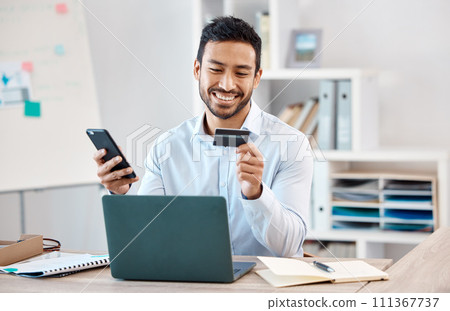 Phone shopping, credit card and business man finance payment with smartphone, banking on internet and mobile app for investment in work office. Asian corporate employee financial trading on web 111367737