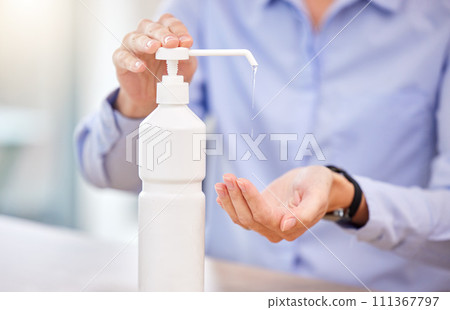 Woman use medical sanitizer, cleaning hand of bacteria or germ in palm which make people sick. Person with alcohol gel in hands, to help stop healthcare risk of covid or dangerous virus Woman use medical sanitizer, cleaning hand of bacteria or germ in palm which make people sick. Person with alcohol gel in hands, to help stop healthcare risk of covid or dangerous virus 111367797