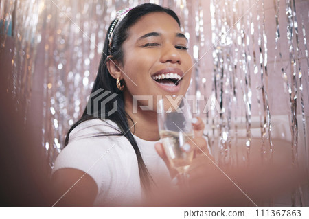 Selfie, birthday party and celebration woman with champagne or sparkling wine glass for festival event. Happy, smile and Mexico girl celebrate and take photography with interior decoration background 111367863