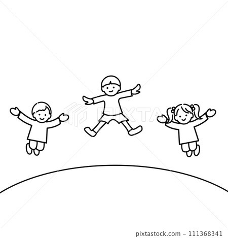 Illustration of children jumping monochrome line drawing Illustration of children jumping monochrome line drawing 111368341