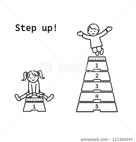 一個快樂的孩子跳上跳馬箱單色線畫的插圖 111368347