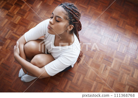Depression woman, mental health and anxiety with stress about life fail, crisis and trauma. Above sad, tired and lonely young person with emotional problem, panic attack and thinking of calm 111368768