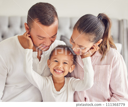 Mother, father and girl in family portrait in house bedroom, home interior and bonding on a morning. Smile, happy and love bond parents or man and woman with young child in security, support or trust 111368779