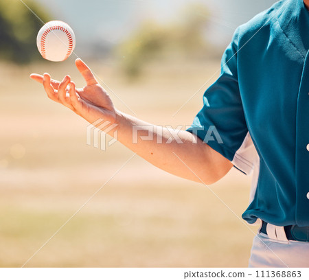 Sports ball, baseball and woman player on a field or pitch for exercise, training or a tournament match outside. Hand of female athlete playing a competitive game for fitness, recreation and fun 111368863