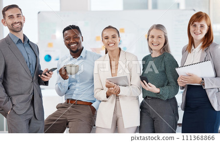 Collaboration, diversity and team success of accounting and corporate business people standing together in support. Portrait and smile of finance employees in partnership in law agency office 111368866