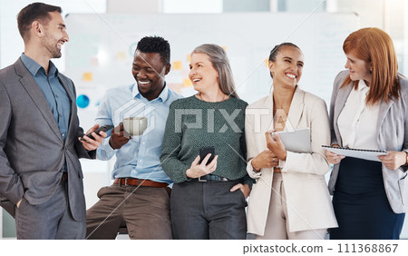 Teamwork, diversity and break at lawyer or accounting corporate company in conversation and collaboration. Global, world or international happy startup business people at partnership agency office 111368867