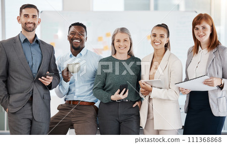 Business people portrait, teamwork and diversity of employees, workers and collaboration for motivation, vision and goal in startup company. Happy group of professional management staff in office Business people portrait, teamwork and diversity of employees, workers and collaboration for motivation, vision and goal in startup company. Happy group of professional management staff in office 111368868