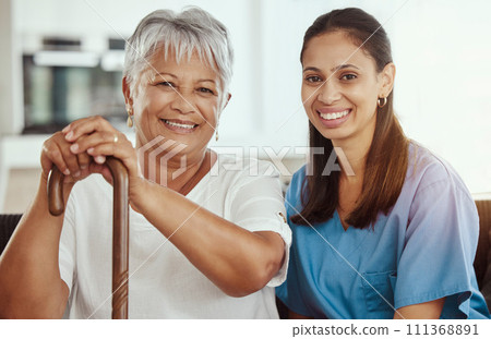 Healthcare, doctor and elderly woman bonding, sitting on sofa during a checkup at assisted living facility. Senior care, support and nursing with young caretaker discussing option and treatment Healthcare, doctor and elderly woman bonding, sitting on sofa during a checkup at assisted living facility. Senior care, support and nursing with young caretaker discussing option and treatment 111368891