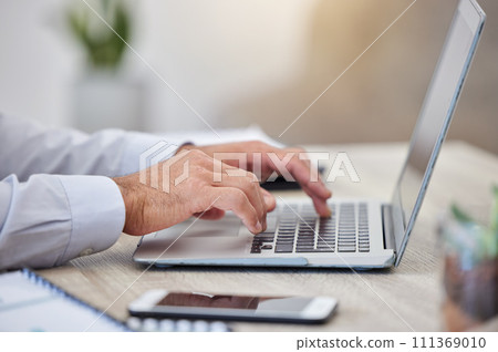 Hand, laptop and research with the hands of a business man typing an email on a keyboard in the office at work. Computer, internet and writing with a male employee at work on a report or project Hand, laptop and research with the hands of a business man typing an email on a keyboard in the office at work. Computer, internet and writing with a male employee at work on a report or project 111369010