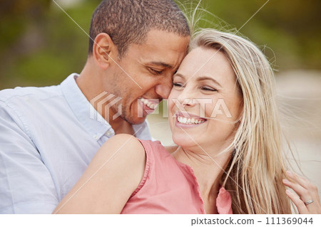 Happy couple smile, summer love outdoor travel in miami and young multicultural people. African black man hug with happiness, beautiful white woman laugh and natural bond time together in sunshine Happy couple smile, summer love outdoor travel in miami and young multicultural people. African black man hug with happiness, beautiful white woman laugh and natural bond time together in sunshine 111369044