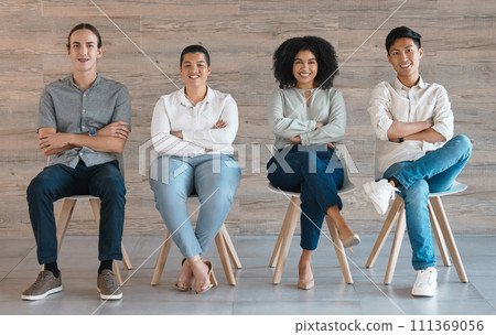 Business people, diversity or global office pride with women, men or employee teamwork in collaboration. Portrait, smile or happy black woman and design workers for about us in creative startup brand 111369056
