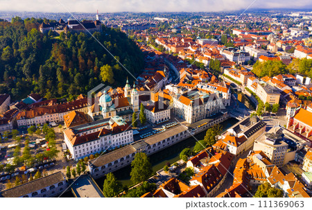 Aerial view of Ljubljana with castle, Slovenia 111369063