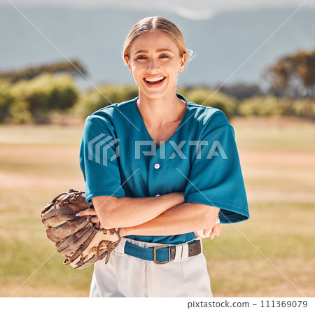 Woman, baseball and sports athlete on field in stadium for training, exercise and workout. Portrait, smile or happy professional player with glove, ball and motivation for health goal or game fitness Woman, baseball and sports athlete on field in stadium for training, exercise and workout. Portrait, smile or happy professional player with glove, ball and motivation for health goal or game fitness 111369079
