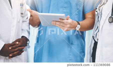 Teamwork, healthcare and doctors planning on digital tablet, sharing advice and checking online schedule in a hospital. Communication, strategy and innovation closeup of health experts sharing vision 111369086