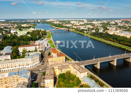 Bird's eye view of Volga and waterfront of Tver Bird's eye view of Volga and waterfront of Tver 111369088