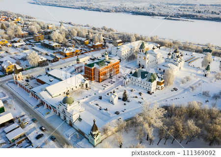 Winter aerial view of Murom cityscape and Orthodox Transfiguration Monastery 111369092
