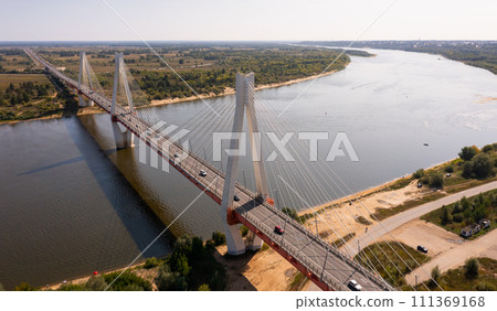 Aerial view of Murom cable bridge through Oka river, length of bridge about 1400 meters 111369168