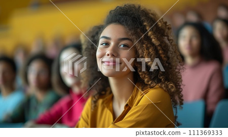 University lecture hall with students of various ethnicities engaging in learning. AI Generated 111369333